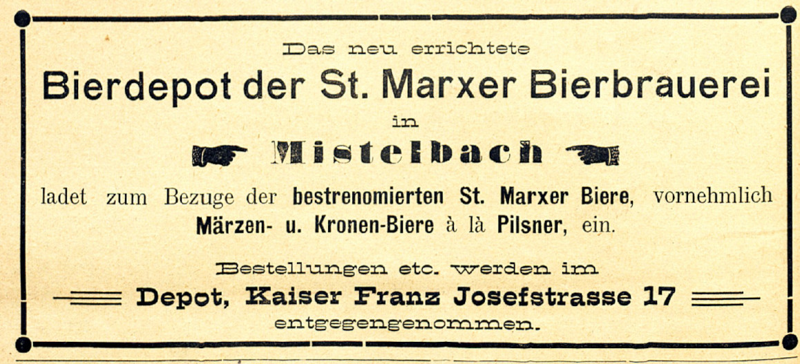 Eröffnungsinserat im „Bote aus Mistelbach“ im Februar 1905